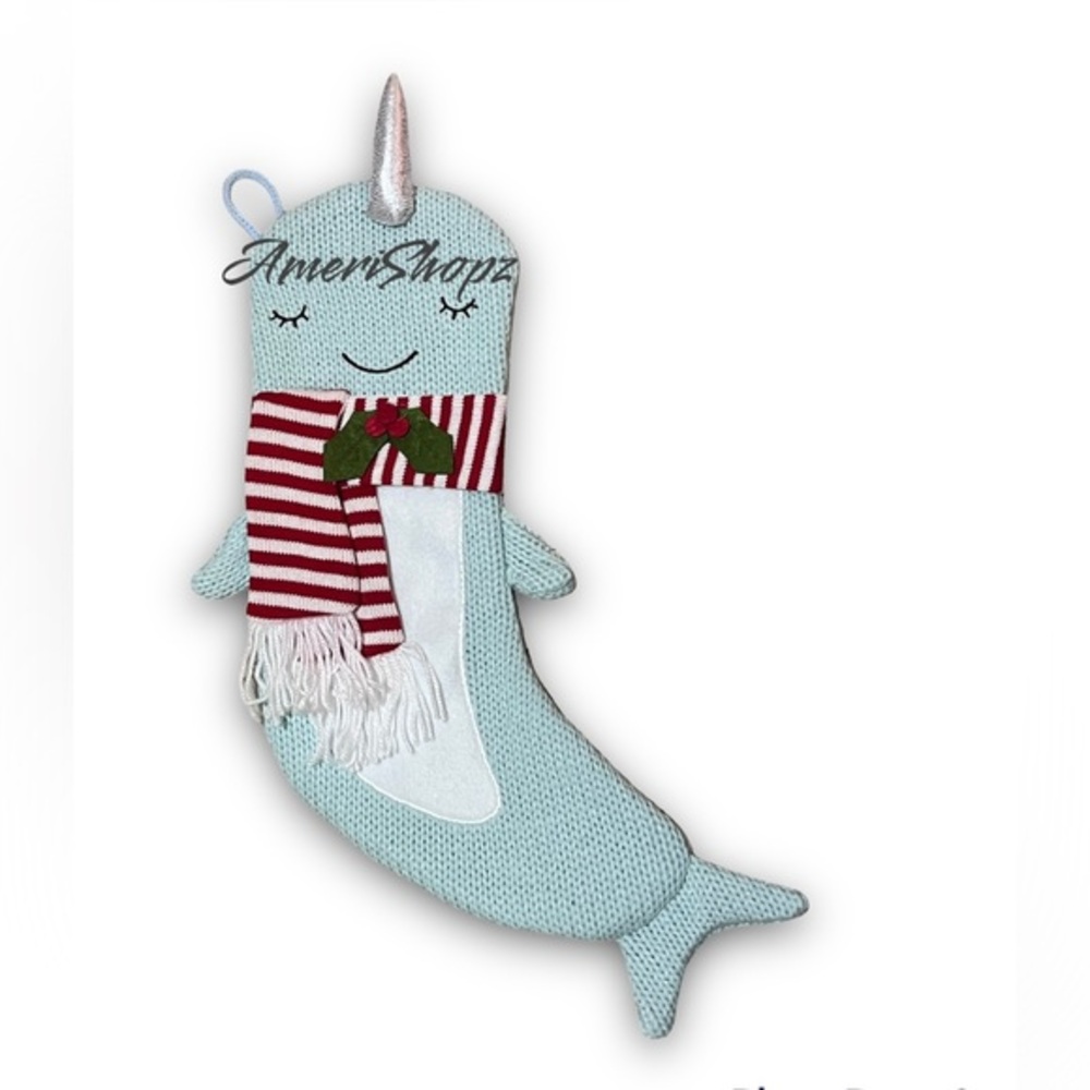 New Narwhal Unicorn Whale Christmas Knit Stocking with Striped Scarf